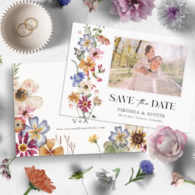 Blommig Färgrik Spara Datumet (Colorful Wildflower Wedding Save The Date by Painted Paperie)