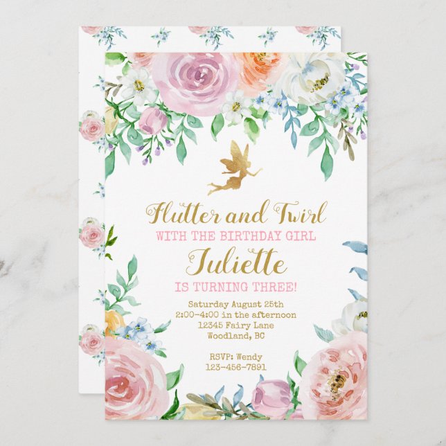 Blommig fe-inbjudan för älvor, Älvinbjudan Inbjudningar (Fram/baksida)