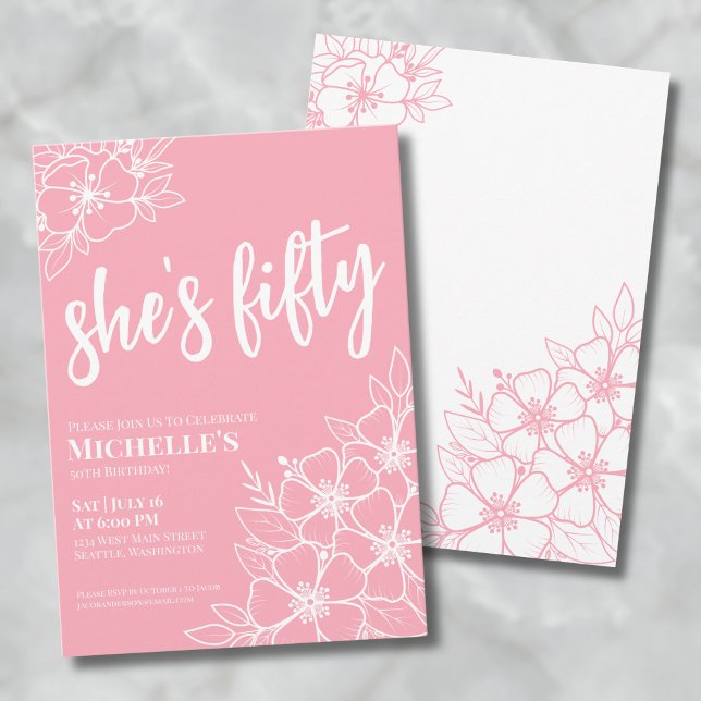 Blommig femtio 50-årsfest inbjudningar (Floral Fifty Pink 50th Birthday Party Invitation)