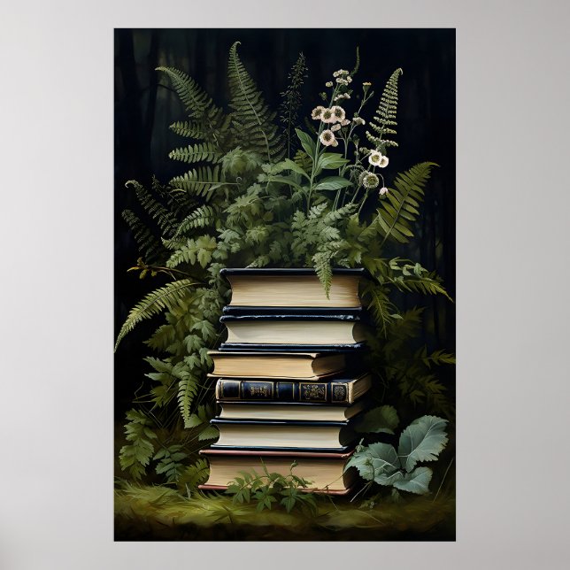 Blommig Fern Bok Stack Tryck, Mörk Akademi Poster (Framsidan)