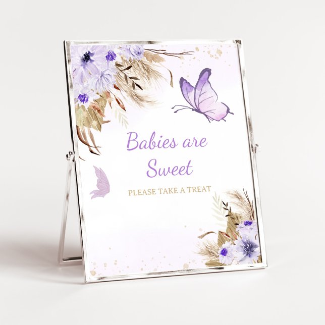 Blommig Fjäril Baby Shower Bebisar är Söta Skylt (Purple Butterfly Baby Shower Babies are Sweet Sign)