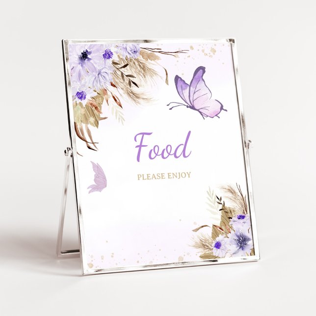 Blommig fjäril baby shower matskylt poster (Purple Butterfly Baby Shower Food Sign)