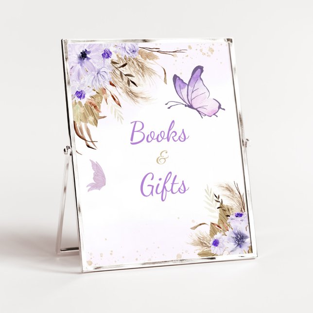Blommig fjäril Bebis badrumsböcker och presentkort Poster (Purple Butterfly Baby Shower Books and Gifts Sign)