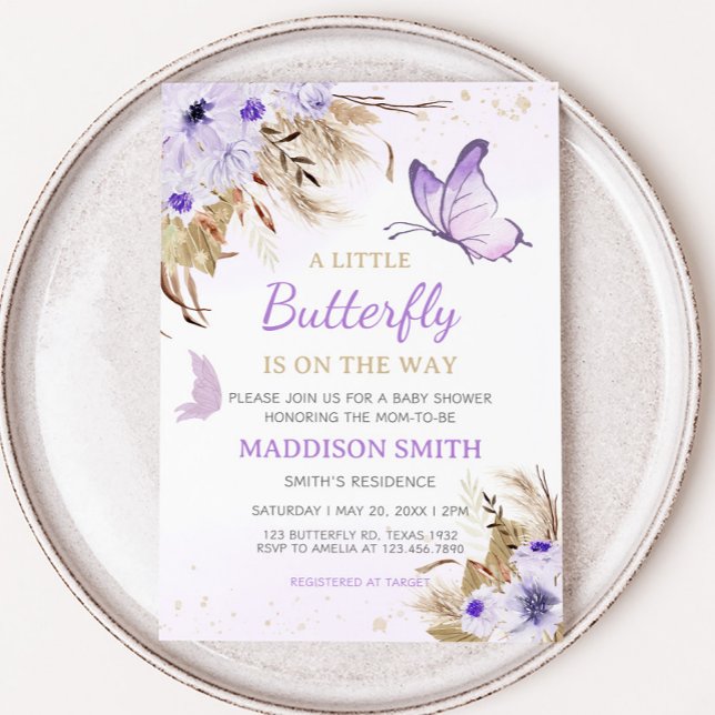 Blommig Fjäril Bebis firande  Inbjudningar (Purple Butterfly Baby Shower Invitation)