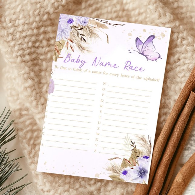 Blommig Fjäril Bebis Shower Namntävlingsspel (Purple Baby Shower Baby Name Race Game)