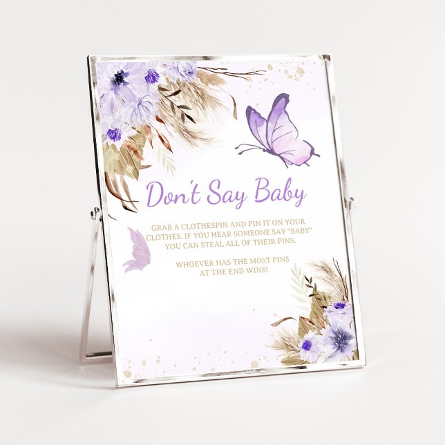 Blommig Fjäril Bebis Shower Säga Inte Bebis Skylt (Purple Butterfly Baby Shower Don't Say Baby Sign)