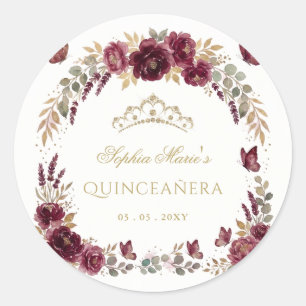 Blommig Fjäril Burgunderröd Guld Tiara Quinceañera Runt Klistermärke