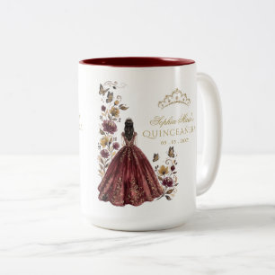 Blommig fjäril Burgundy Guld Tiara Quinceañera Två-Tonad Mugg