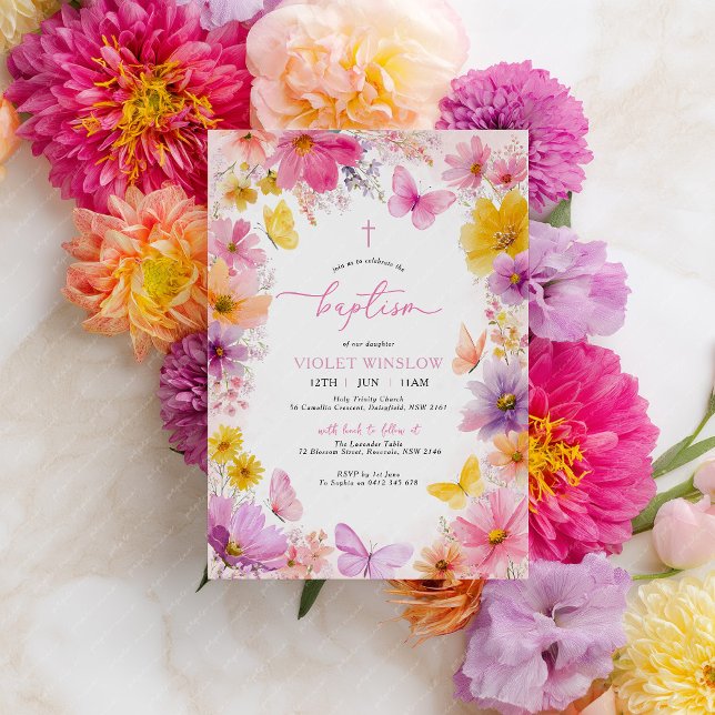 Blommig fjäril Dop Dopfest Flicka Ljus Inbjudningar (Bright Floral Baptism Invitation in pink, purple, yellow and peach. Baptism or Christening )