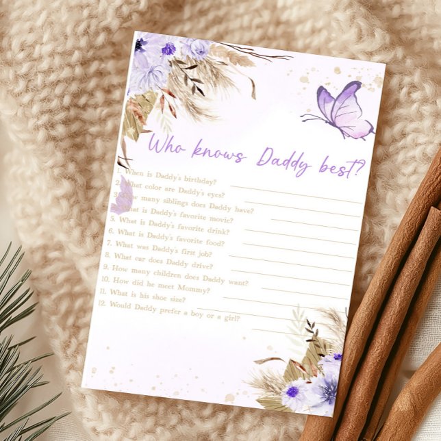 Blommig Fjäril Duschtävling Vem Känner Pappa Bäst (Purple Butterfly Baby Shower Who Knows Daddy Best Game)