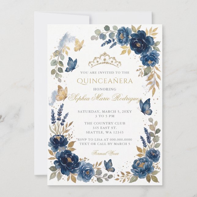 Blommig fjäril Navy Guld Tiara Quinceañera Inbjudningar (Framsida)