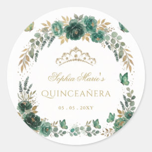Blommig fjäril smaragd guld tiara Quinceañera Runt Klistermärke