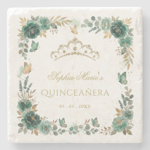 Blommig fjäril Smaragd Guld Tiara Quinceañera Stenunderlägg