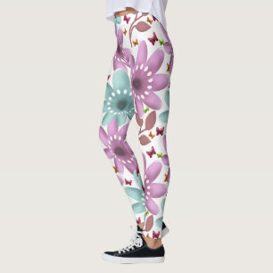 Blommig Fjäril Sömlös Mönster Rosa och Mint Leggings