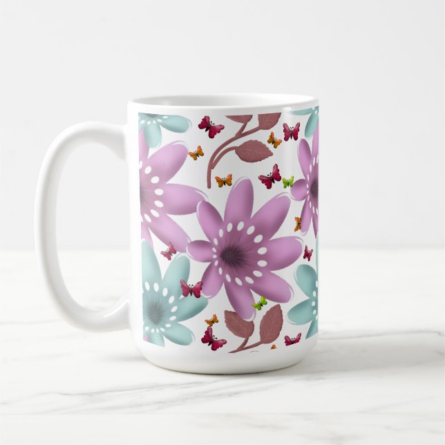 Blommig fjäril sömlöst mönster | Rosa och mint  Kaffemugg (Vänster)