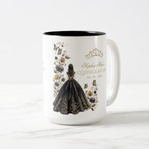 Blommig fjäril svart guld tiara Quinceañera Två-Tonad Mugg