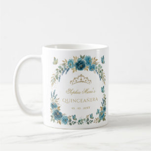 Blommig Fjäril Teal Guld Tiara Quinceañera Kaffemugg