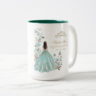 Blommig fjäril Teal Guld Tiara Quinceañera Två-Tonad Mugg