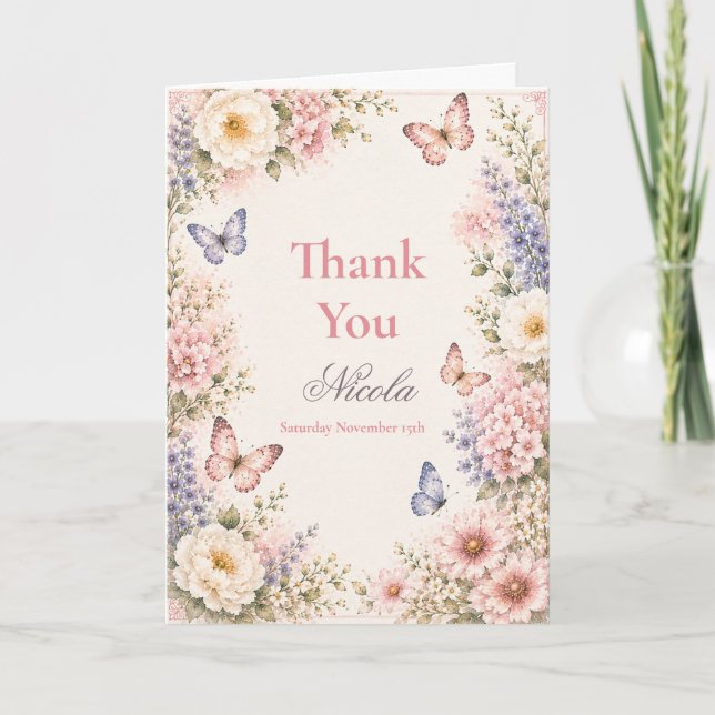 Blommig fjärilbabyshower tack kort (Framsida)