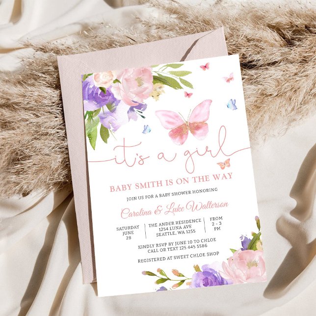 Blommig fjärils-baby shower-inbjudan inbjudningar (Skapare uppladdad)