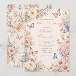 Blommig fjärils-baby shower inbjudningar