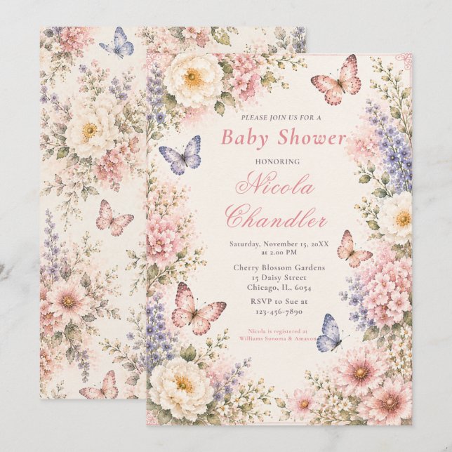 Blommig fjärils-baby shower inbjudningar (Fram/baksida)