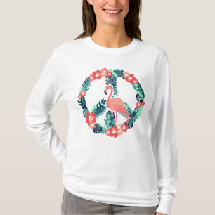 Blommig Flamingo Fredstecken Söt Rosa T-Shirt