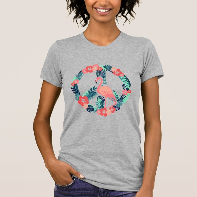 Blommig Flamingo Fredstecken Söt Rosa T-Shirt (Framsida)