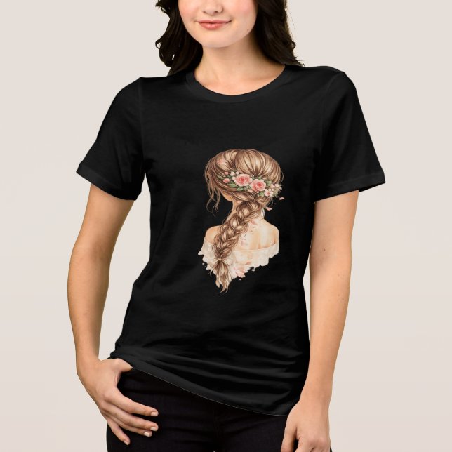 Blommig flickillustration Dam-T-shirt T Shirt (Framsida)