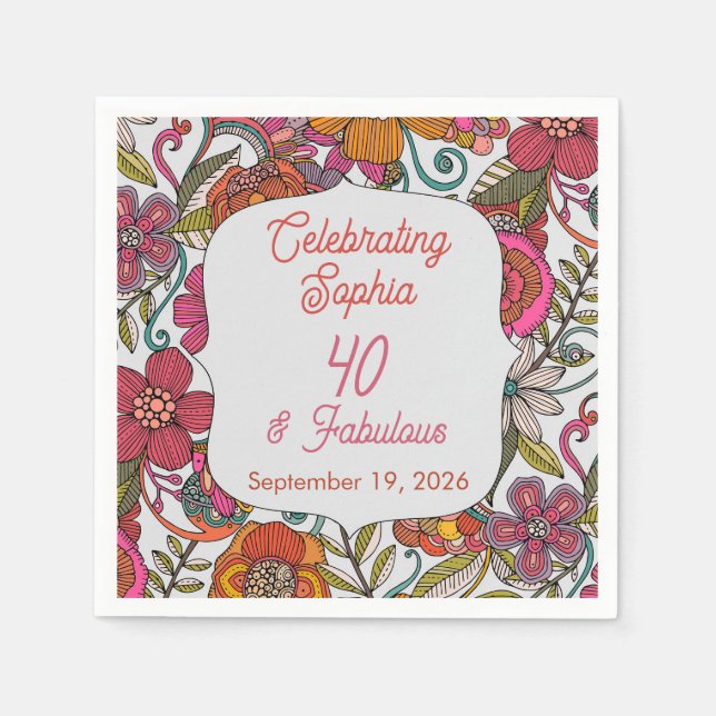 Blommig födelsedags tallrik 40-årsdag pappersservett (Framsidan)