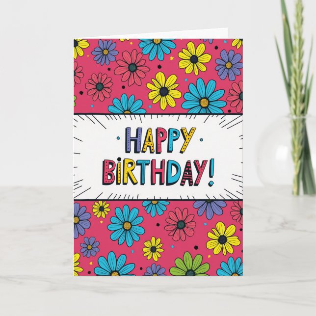 Blommig födelsedagsbannerkort kort (Framsida)