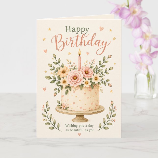 Blommig Födelsedagstårta Watercolour Boho Kort (Orkide)