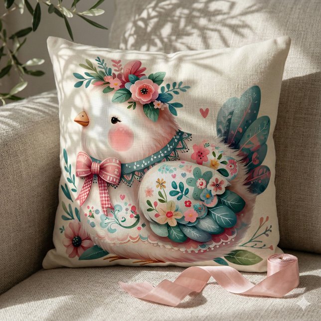 Blommig Folkfågel med Pastell Boho Charm Kudde (Floral Folk Bird with Pastel Boho Charm Throw Pillow Mockup A)