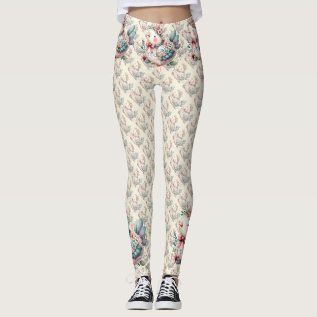 Blommig Folkfågel med Pastell Boho Charm Leggings (Framsida)