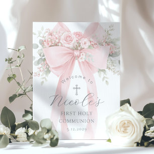 Blommig första heliga kommunion Rosa båge Välkomme Poster