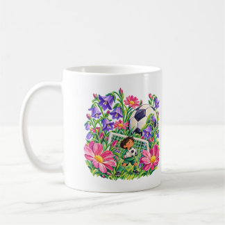 Blommig fotbollsmålvakt lila rosa sportgåva kaffemugg