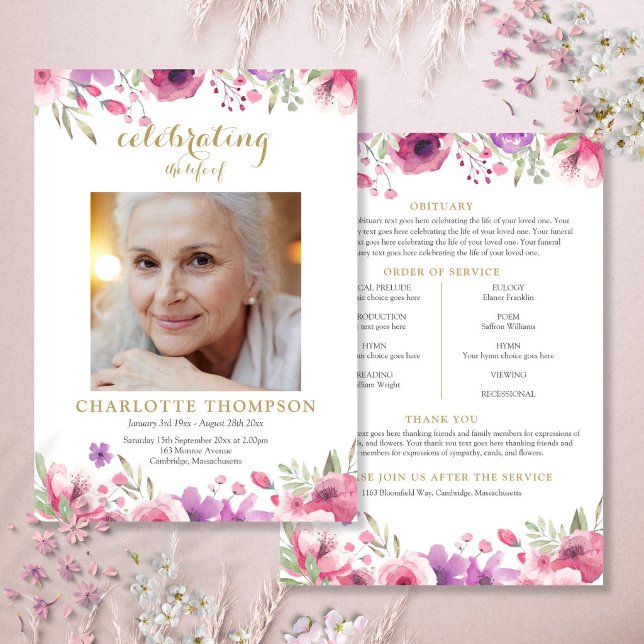 Blommig foto begravningsprogram för ceremonier inbjudningar (Floral Photo Funeral Order Of Service Program)