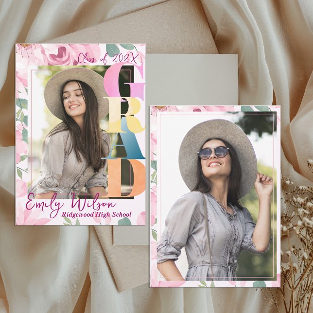 Blommig fotoklass 2026 examensannonsering inbjudningar (Floral Photo Graduation Announcement Card | Class of 2026 Senior Girl )