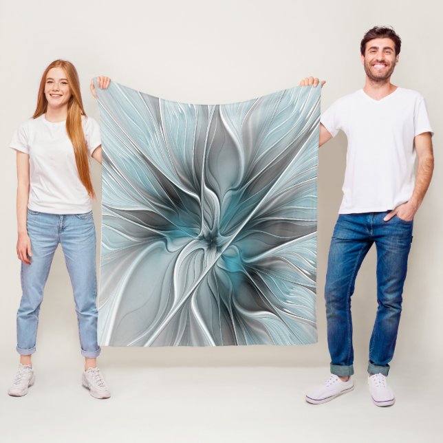 Blommig Fraktal Modern Abstrakt Blomma Blå Grå Fleecefilt (På plats)