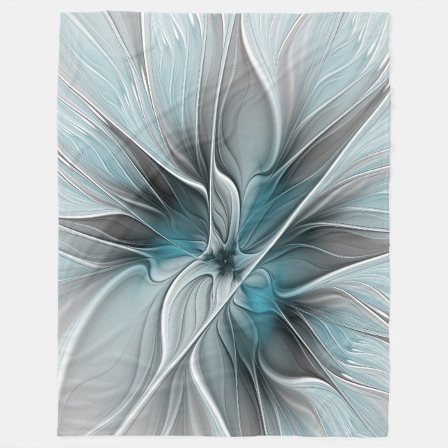 Blommig Fraktal Modern Abstrakt Blomma Blå Grå Fleecefilt (Framsidan)