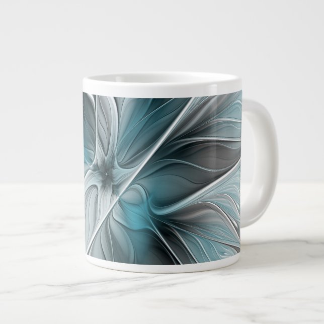 Blommig Fraktal Modern Abstrakt Blomma Blå Grå Jumbo Mugg (Framsida höger)