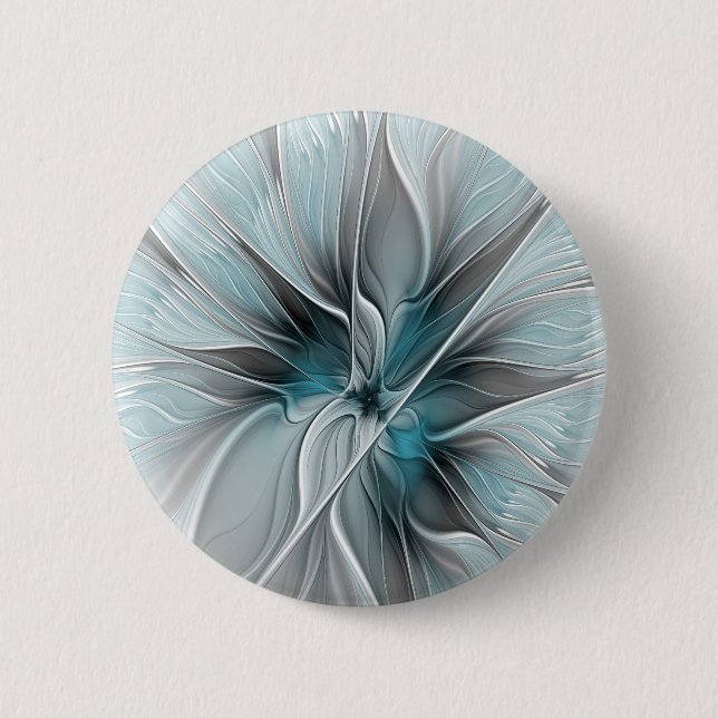 Blommig Fraktal Modern Abstrakt Blomma Blå Grå Knapp (Framsida)