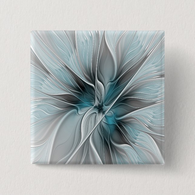 Blommig Fraktal Modern Abstrakt Blomma Blå Grå Knapp (Framsida)