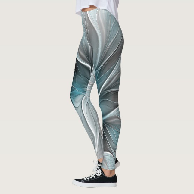 Blommig Fraktal Modern Abstrakt Blomma Blå Grå Leggings (Vänster)