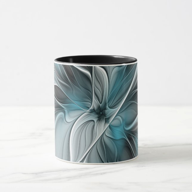 Blommig Fraktal Modern Abstrakt Blomma Blå Grå Mugg (Center)
