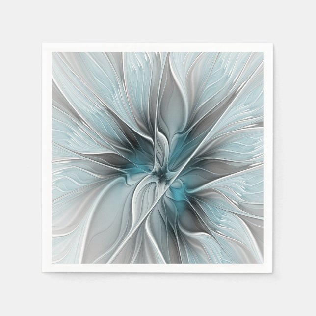 Blommig Fraktal Modern Abstrakt Blomma Blå Grå Pappersservett (Framsidan)