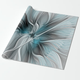 Blommig Fraktal Modern Abstrakt Blomma Blå Grå Presentpapper