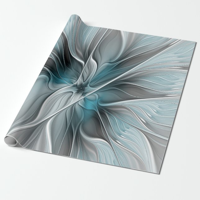 Blommig Fraktal Modern Abstrakt Blomma Blå Grå Presentpapper (Utrullad)