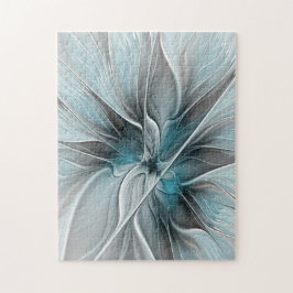Blommig Fraktal Modern Abstrakt Blomma Blå Grå Pussel