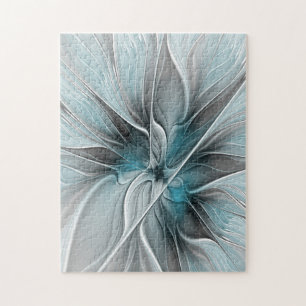 Blommig Fraktal Modern Abstrakt Blomma Blå Grå Pussel